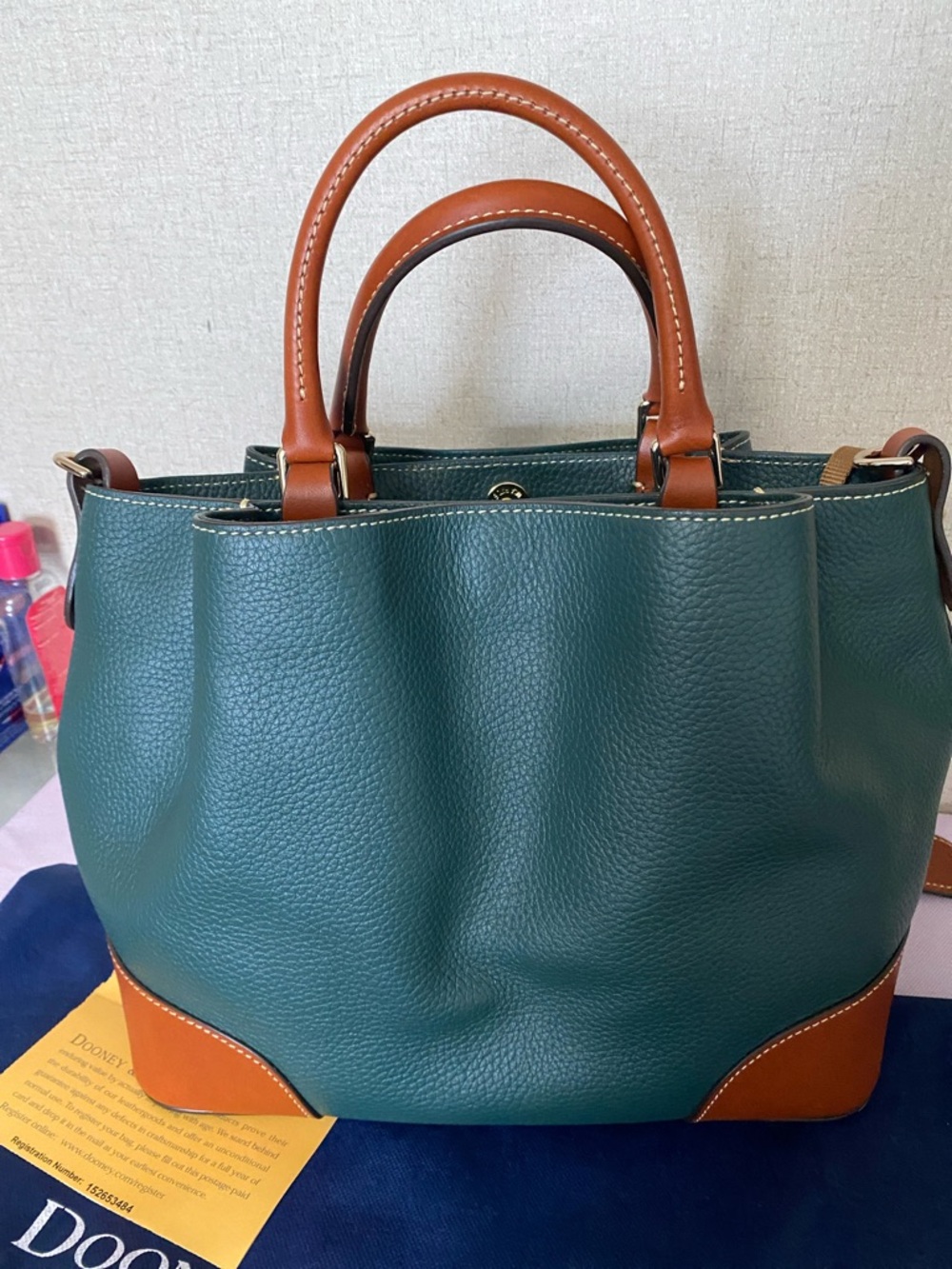 Dooney & Bourke Green Leather Tote with Brown Trim and Matching Pouch - Picture 3 of 13